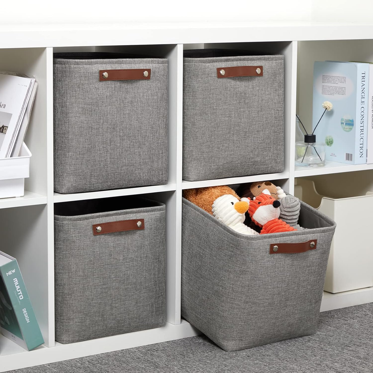 DULLEMELO 12 inch Cube Storage Bins, Large Collapsible Grey Storage Baskets for Square Cubes Organizing, Fabric Boxes Bins for Shelves Nursery Home Office Storage(4 Pack - 12" Grey)