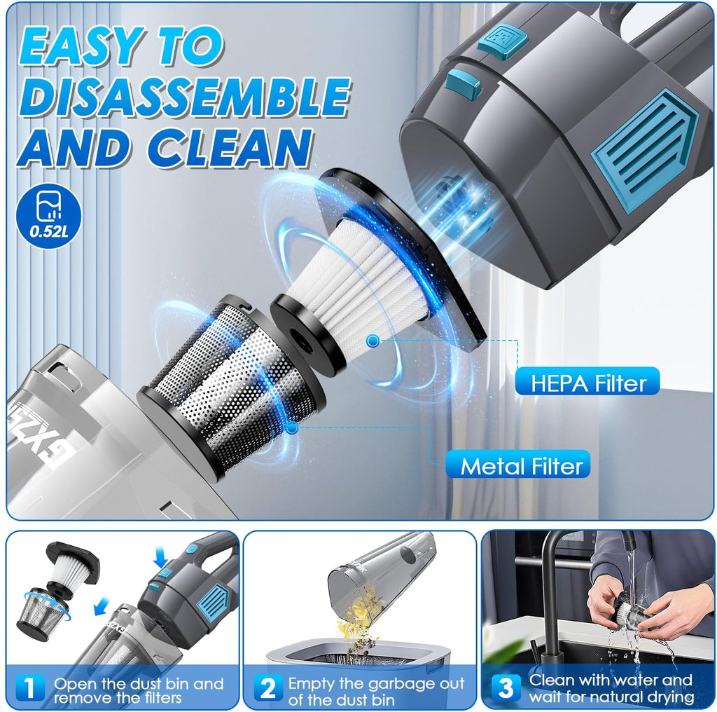 Handheld Vacuum Cordless, 15000PA Strong Suction Hand Held Car Vacuum Cleaner Rechargeable, Portable Hand Vacuum with Multi-Nozzles & Washable Filter for Home Office, Car, Pets