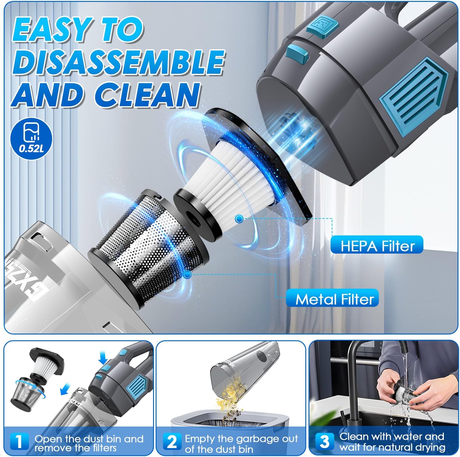 Handheld Vacuum Cordless, 15000PA Strong Suction Hand Held Car Vacuum Cleaner Rechargeable, Portable Hand Vacuum with Multi-Nozzles & Washable Filter for Home Office, Car, Pets