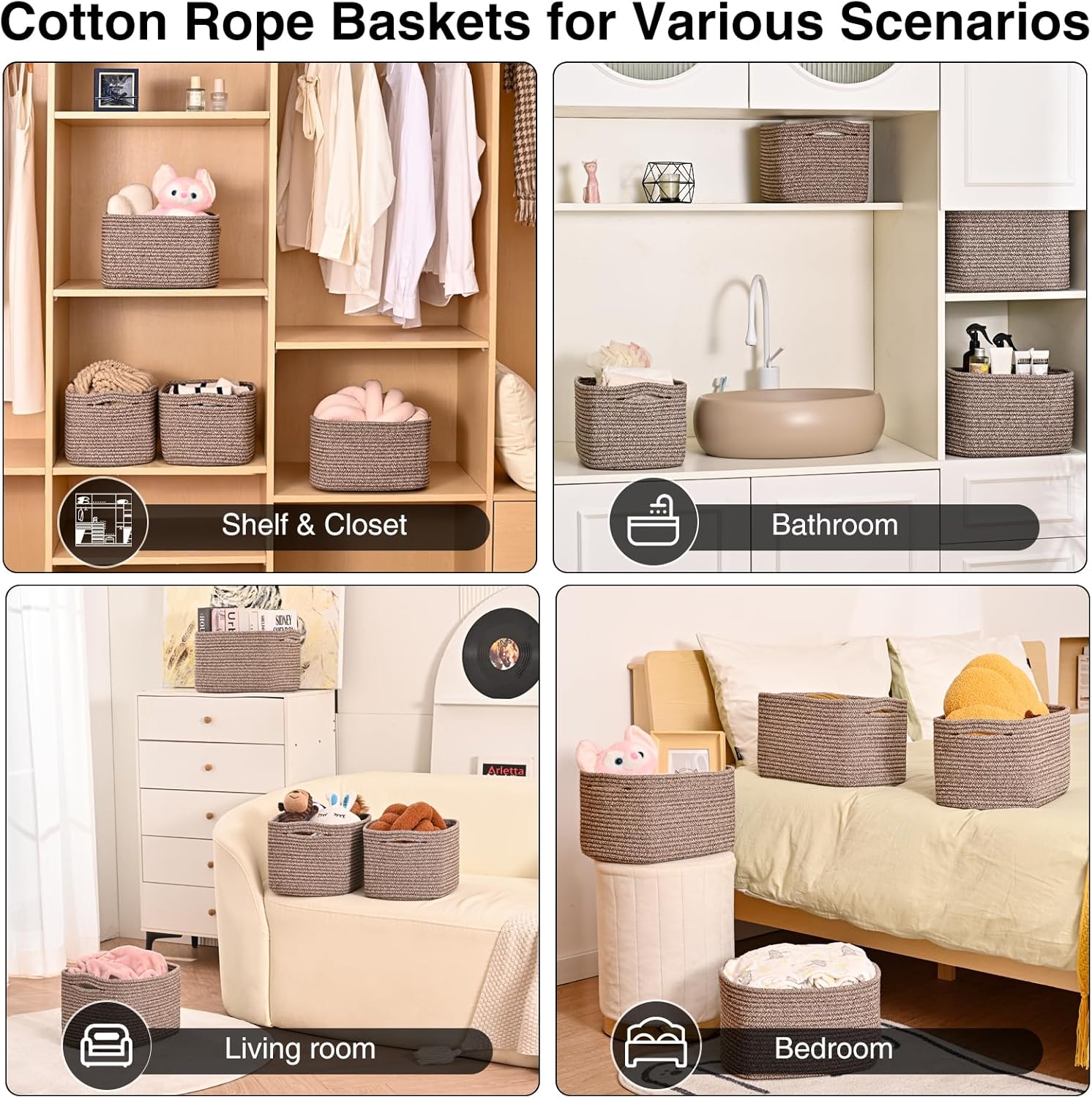 Small Storage Baskets for Organizing Shelves, Cotton Rope Basket for Storage, Cute Rectangular Book Toy Basket, 12.7"×9.1"×7.9", 4 Packs, Dark Brown