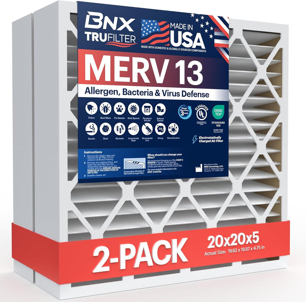 BNX TruFilter 20x20x5 (19.88’’ x 19.88’’ x 4.38‘’ Honeywell Compatible 4”) MERV 13 Air Filter (2-Pack) - MADE IN USA - HVAC AC Furnace Filters Health, Allergies, Mold, Bacteria, Smoke, MPR 1900 FPR 10
