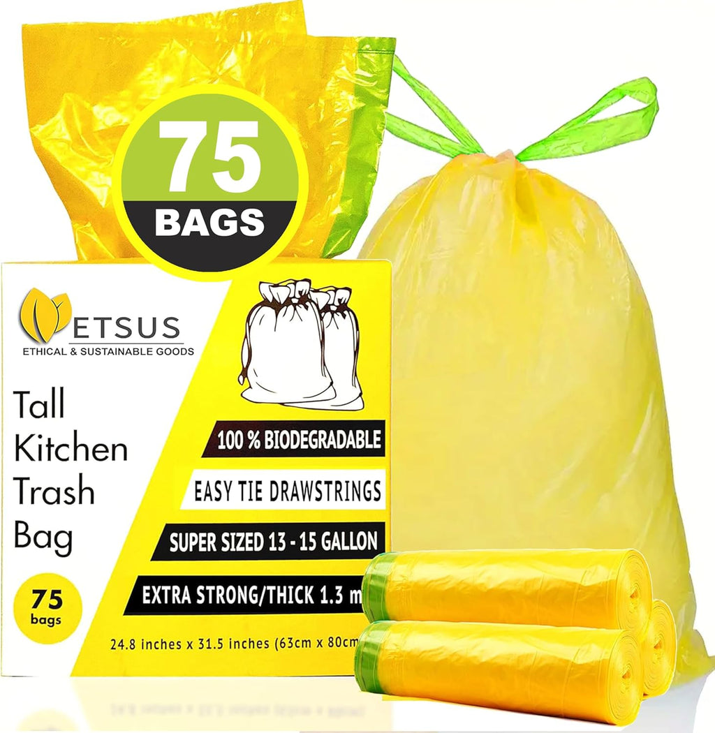 13 Gallon Biodegradable Trash Bags with Drawstrings, 75 Count Plant Based, Code Q Tall Kitchen Compost Bags 50 Liter Bin - Green Garbage Liners - 1.3 mil Thick Heavy Duty and Eco Friendly Trash Bags