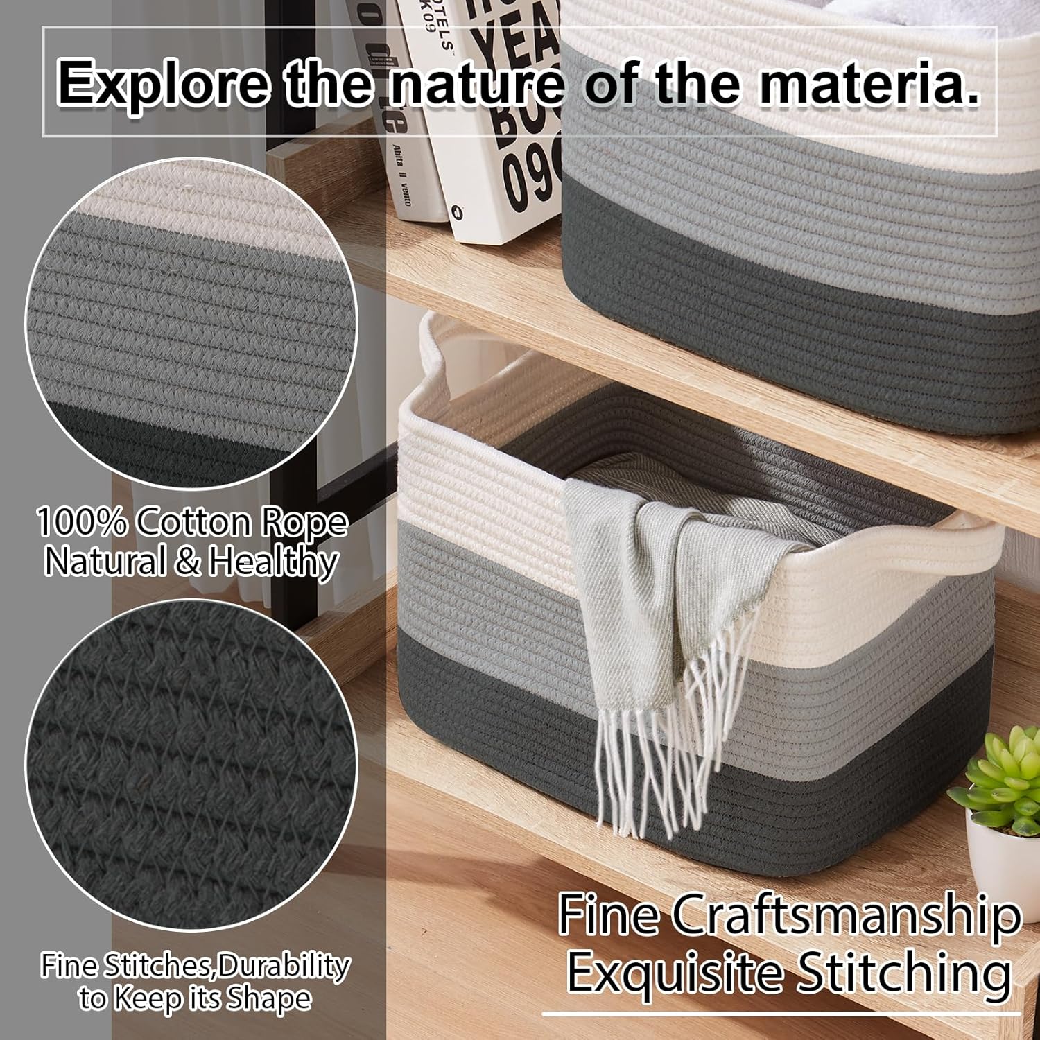 OIAHOMY Storage Basket, Woven Baskets for Storage, Cotton Rope Basket for toys,Towel Baskets for Bathroom - Pack of 3, Gradient Dark Gray