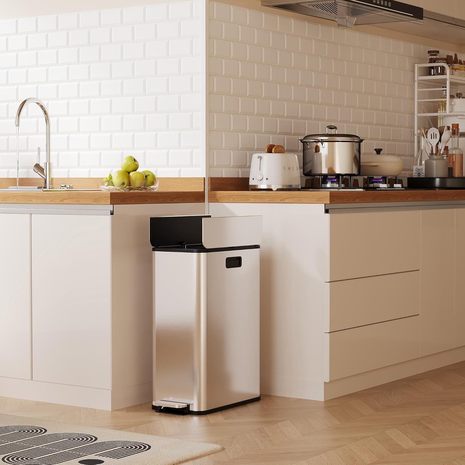 15-Gallon Dual Trash Can, Step-On Pedal Kitchen Trash Bin with Butterfly Lid, Odor-Proof Stainless Steel Large Trash Recycle Bin Combo with Removable Inner Buckets (2 x 28L) - Silver