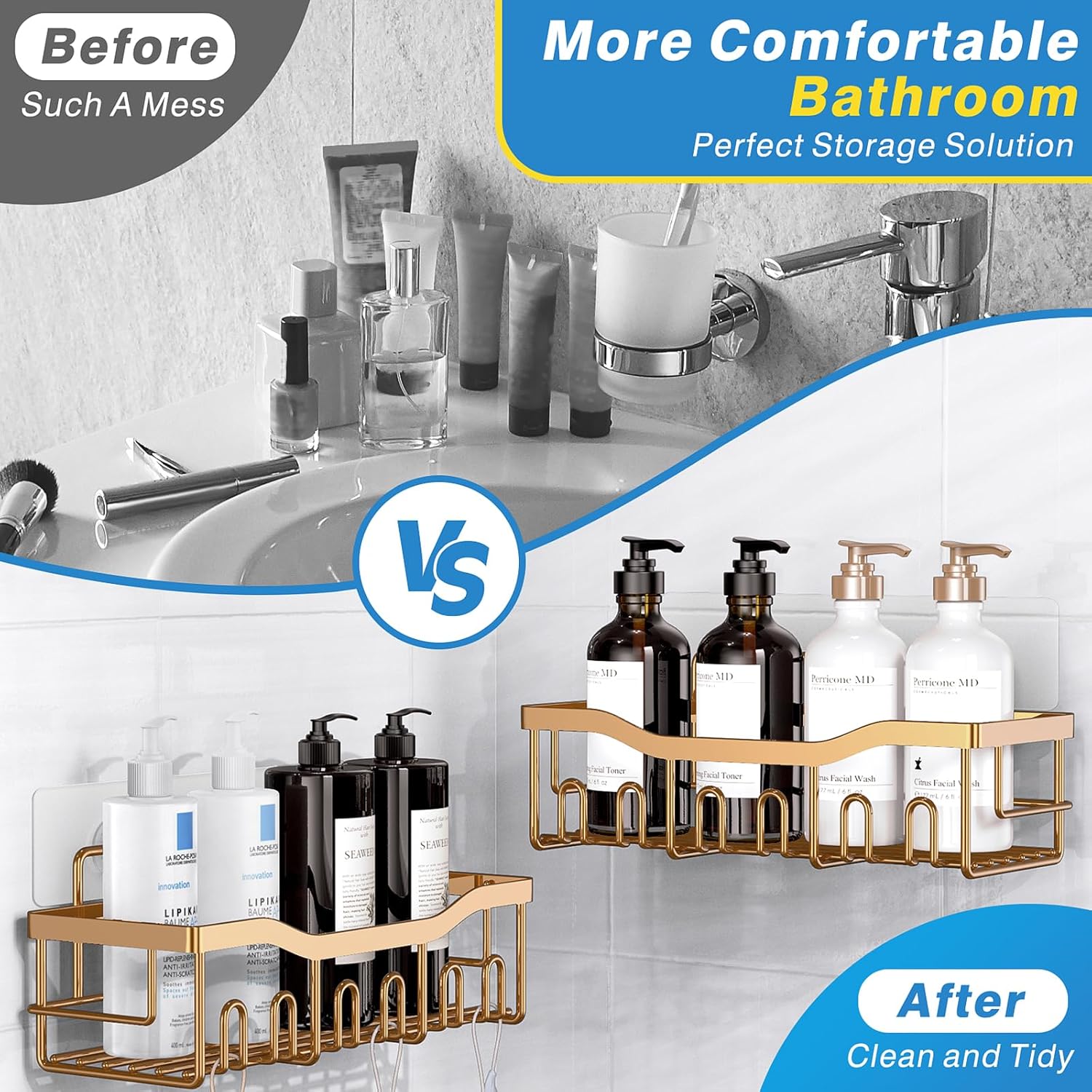 EUDELE 5-Pack Rustproof Stainless Steel Shower Caddy – No Drill Adhesive Bathroom Organizer with Large Capacity, Spacious Shower Shelves for Inside Shower, Kitchen & Home Decor Storage-XL Size