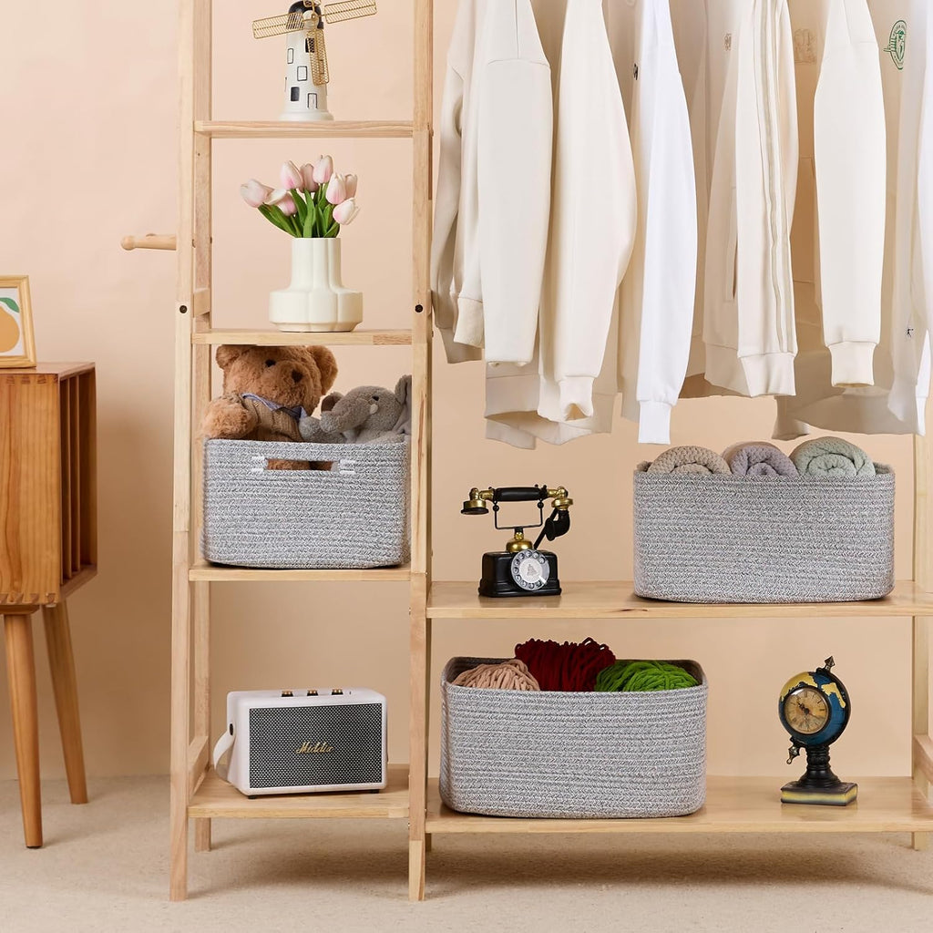 Large Storage Baskets for Shelves, Closet Organizers Bins for Clothes Blanket Towels, Baby Nursery, Toy Baskets Box, Woven Rope Baskets, 17 x 13 x 7.5”, 3 Packs Mixed Grey