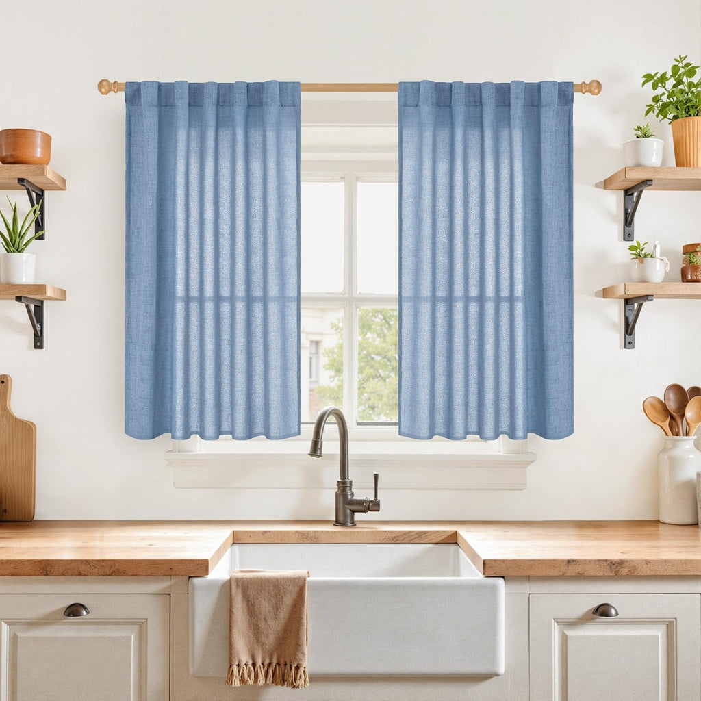 YoungsTex Denim Blue Short Linen Curtains 40 Inch Length for Kitchen Window, Semi Sheer Window Drapes with Rod Pocket Back Tab Light Filtering Privacy for Bathroom, 2 Panels, 42 x 40 Inch