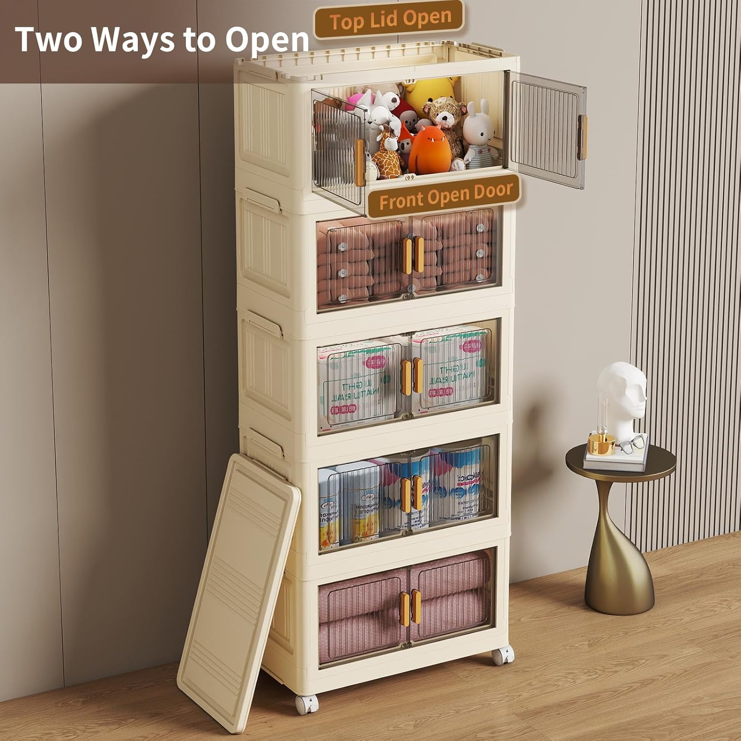 5 Tier Stackable Plastic Storage Bins with Lids 58QT, Collapsible Closet Organizers and Storage with Wheels for Living Room,Office,Dorm