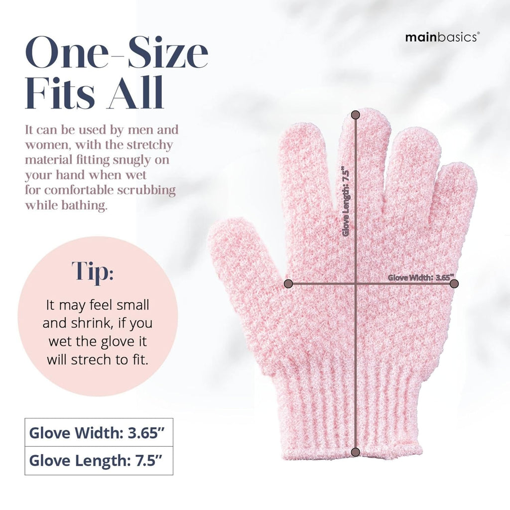 MainBasics Deep Cleansing Exfoliating Bath Gloves - Heavy-Textured Nylon Shower Scrub for Dead Skin Removal - Machine Washable with Hanging Loop (1 Pair, Soft Pink)