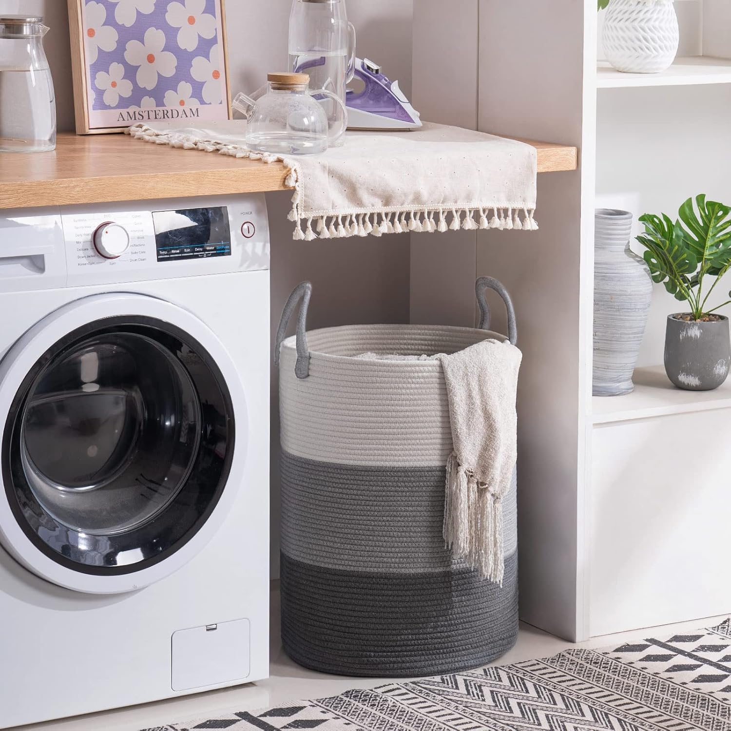 YOUDENOVA Woven Rope Laundry Hamper Basket, 58L Tall Luandry Basket, Baby Nursery Hamper for Blanket Storage, Clothes Hampers for Laundry in Bedroom-Large-Dark Grey