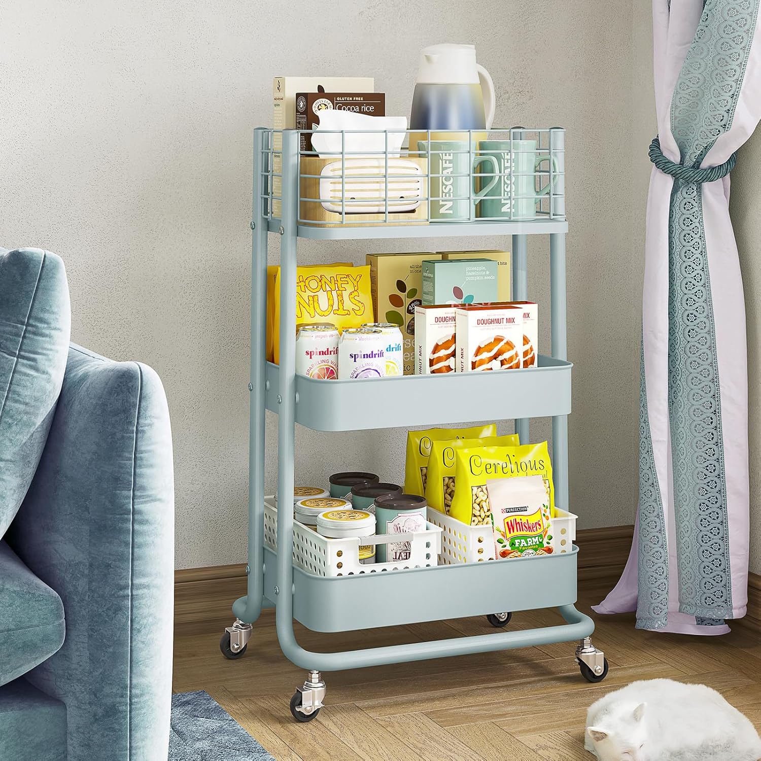 KINGRACK 3 Tier Rolling Cart, Metal Mobile Storage Shelf with Lockable Wheels, Prevent Falling Utility Trolley Cart, Storage Organizer for Kitchen, Office, Bathroom, Dorm, Green