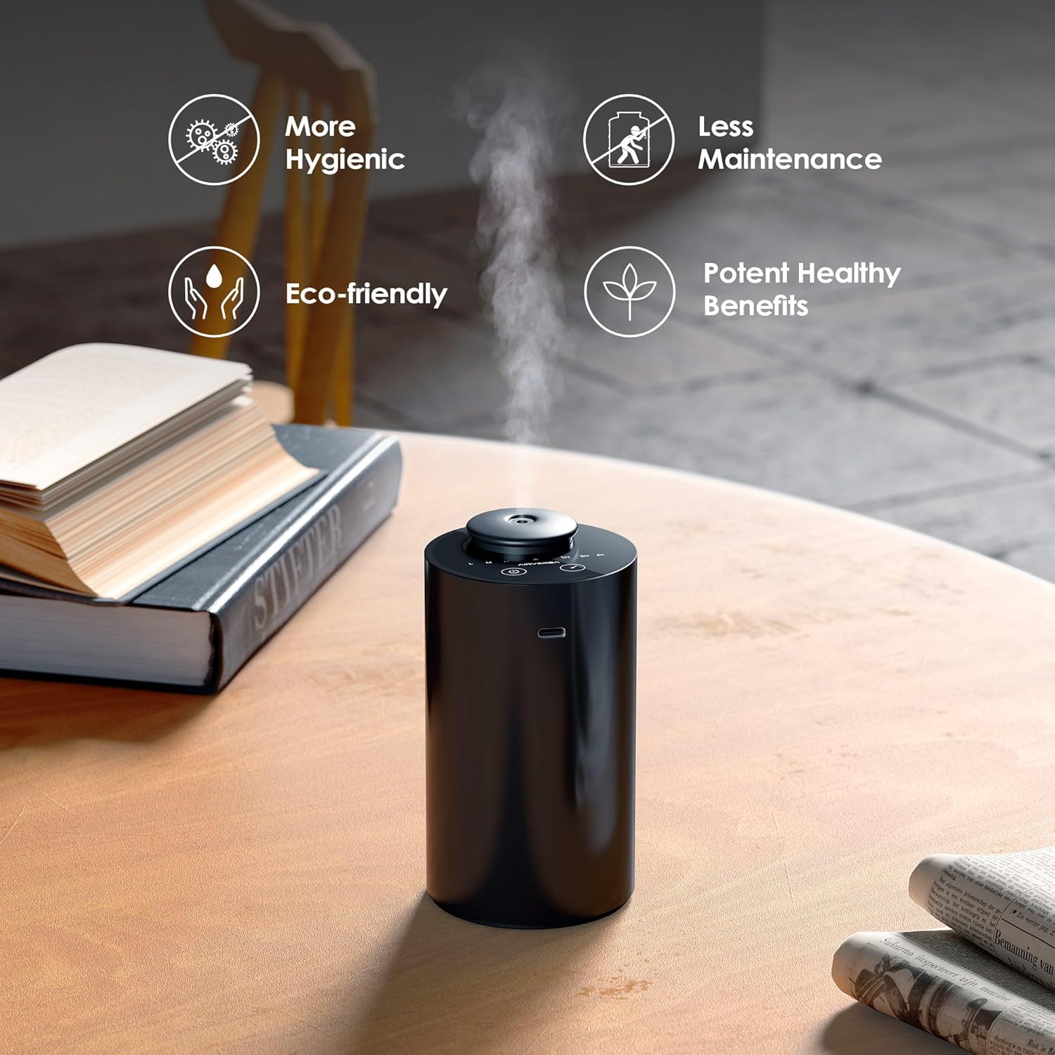 Airversa Waterless Diffuser for Essential Oil, Battery Operated Nebulizer, 0.7 Fl.Oz./ 20mL Capacity, Mini Scent Air Machine, 3 Countdown Timers & 3 Mist Levels for Home, Room, Car, Office - AN6 Black