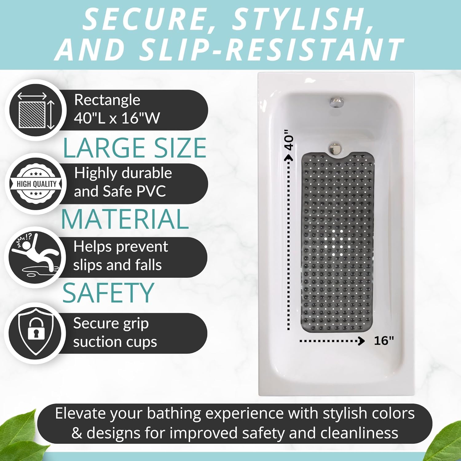 ENKOSI Bath Mat - Large Non Slip Bathtub & Shower Mat - Extra Long 40 x 16 Inch Bathroom Mats for Tub Nonslip Anti Slip Bathmats (40x16 Charcoal 1-Pack)