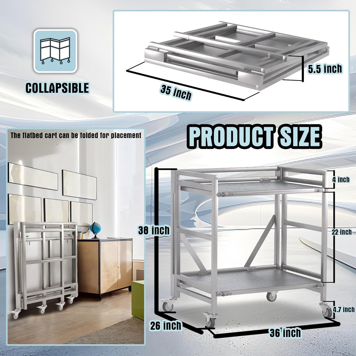 2 Shelf Rolling Cart with Wheels, 660lbs Capacity Collapsible Steel Rolling Utility Cart, Heavy-Duty Foldable Workbench, Metal Rolling Storage Cart with Handle for Groceries, Warehouse (36" Lx26 W)