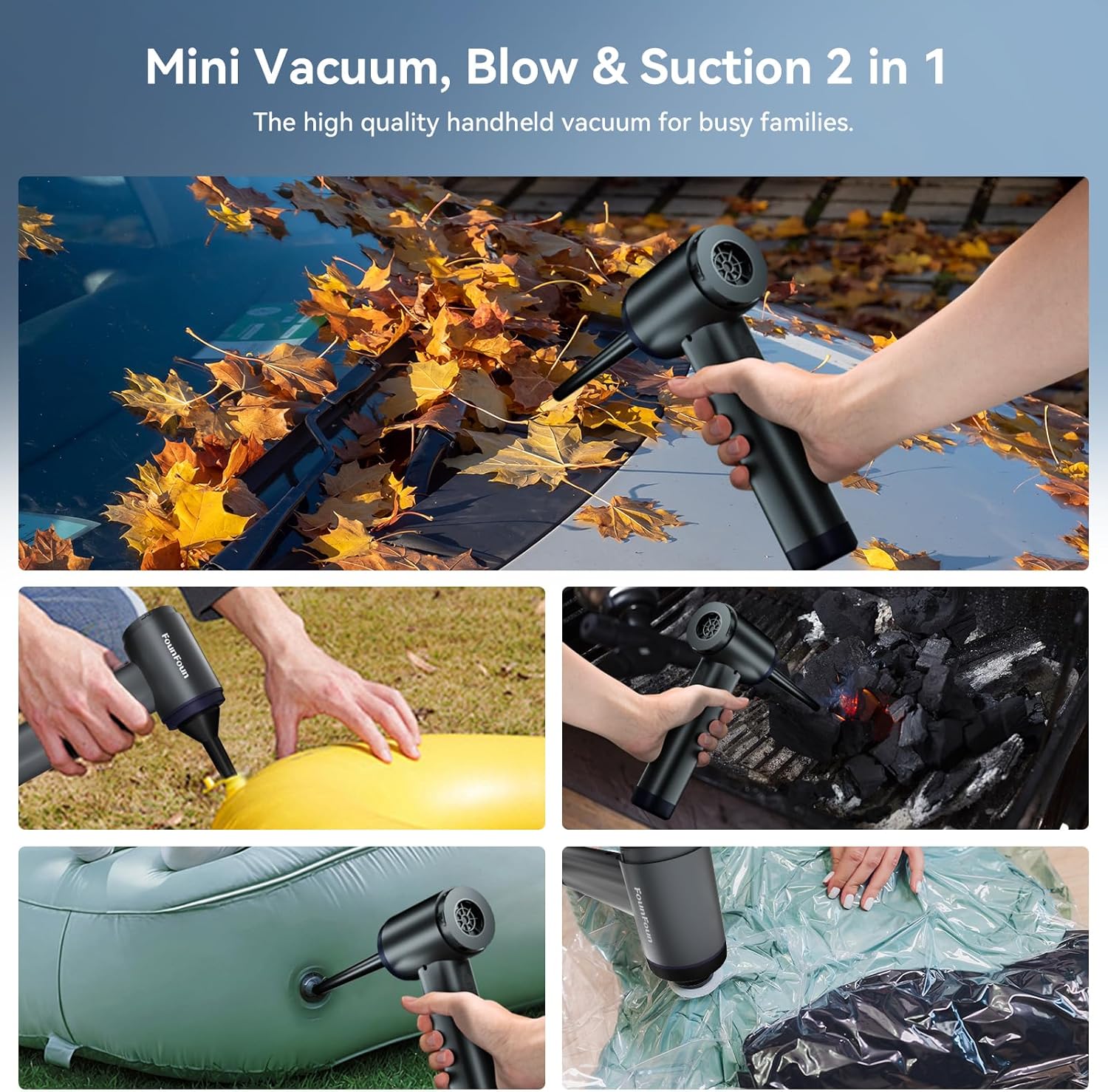 FOUNFOUN Handheld Vacuum Cordless, Portable Car Vacuum, High Power Cleaner for Pet Hair/Car/Home, Suction & Blow 2 in 1, 17-30 Min Run Time, Small Lightweight Gadget, Type-C Rechargeable