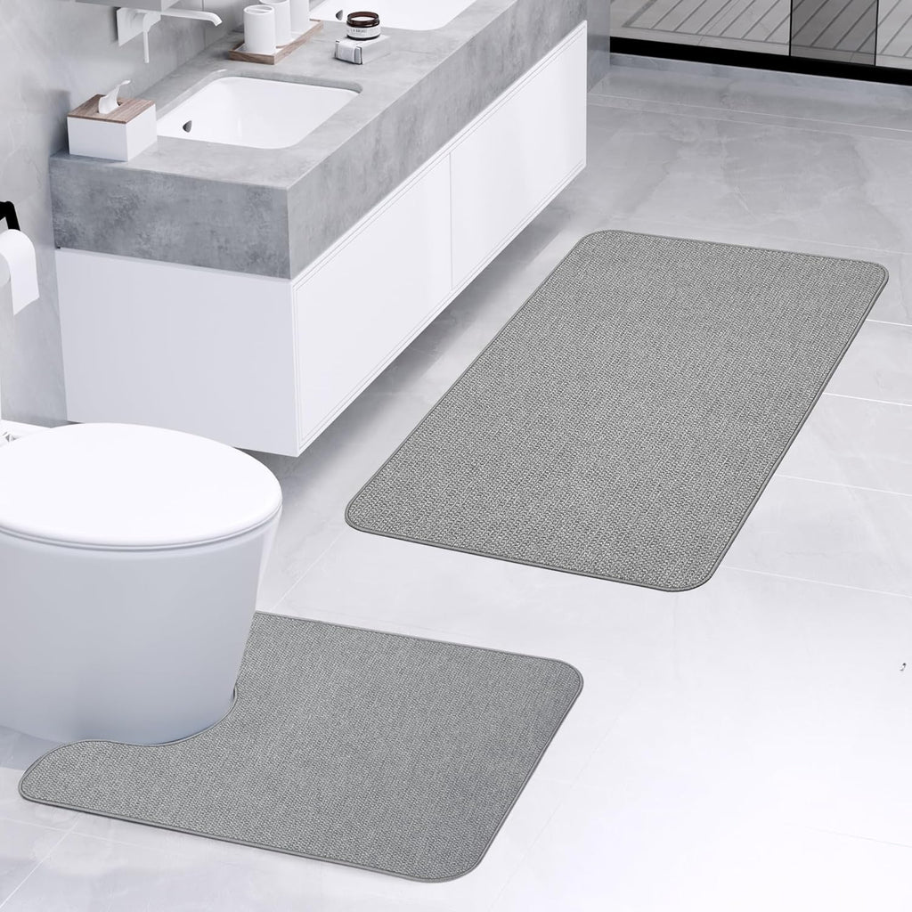 Bathroom Rugs Set 2 Pieces,Thin Bathroom Mats,Toilet Rugs,Quick Dry,Non-Slip,Machine Washable,Low Pile,Absorbent Bath Mats,Shower,Sink,Home Decor Accessories.Grey,1'5"x2'3"+1'8"x2" U Shape