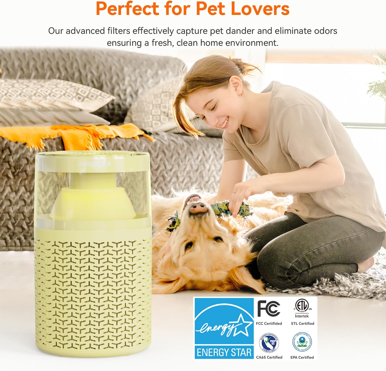 AIRROMI Pet Air Purifier for Home Bedroom Covers 658 Ft²,with Activated Carbon Filter,Aromatherapy,Nightlight, and Quiet 360°Intake Tackles,Filters Smoke,Pet Hair,Dander,Allergies,Odors,A2002 Yellow