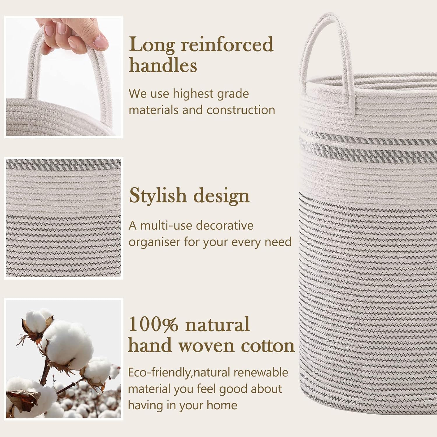 YOUDENOVA Woven Rope Laundry Hamper Basket, 58L Tall Luandry Basket, Baby Nursery Hamper for Blanket Storage, Clothes Hamper for Laundry in Bedroom-Large-Stripe White