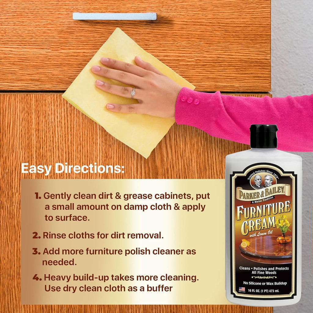 PARKER & BAILEY FURNITURE CREAM - Multisurface Wood Cleaner And Polish Furniture Quick Shine Restorer Protector Kitchen Cabinets Surface Cleaner House Cleaning Supplies Home Improvement, 16oz