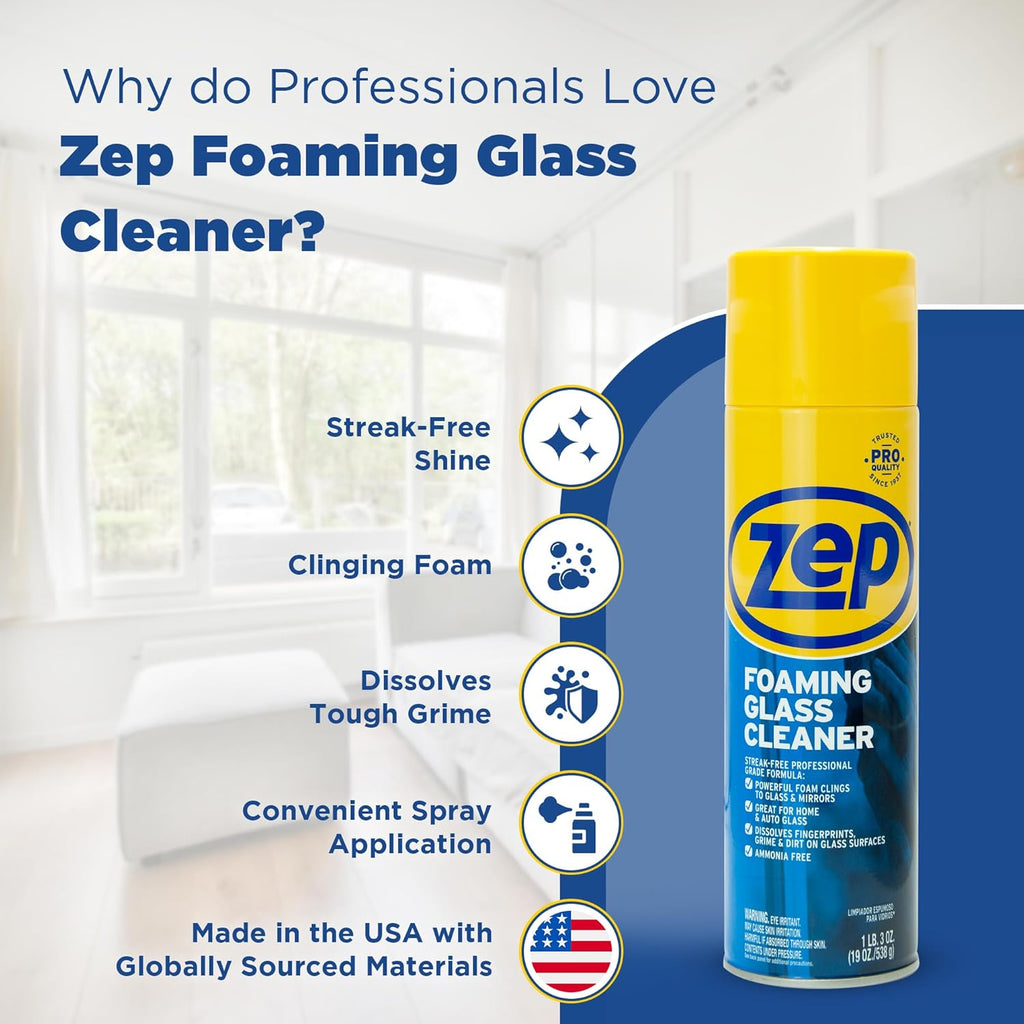 Zep Foaming Glass Cleaner - 19 oz (Case of 12) ZUFGC19 - Streak-Free Professional Grade Formula that Dissolves Dirt, Fingerprints and Grime on Glass, Mirrors, Windows and Plexiglas in Home, Business,