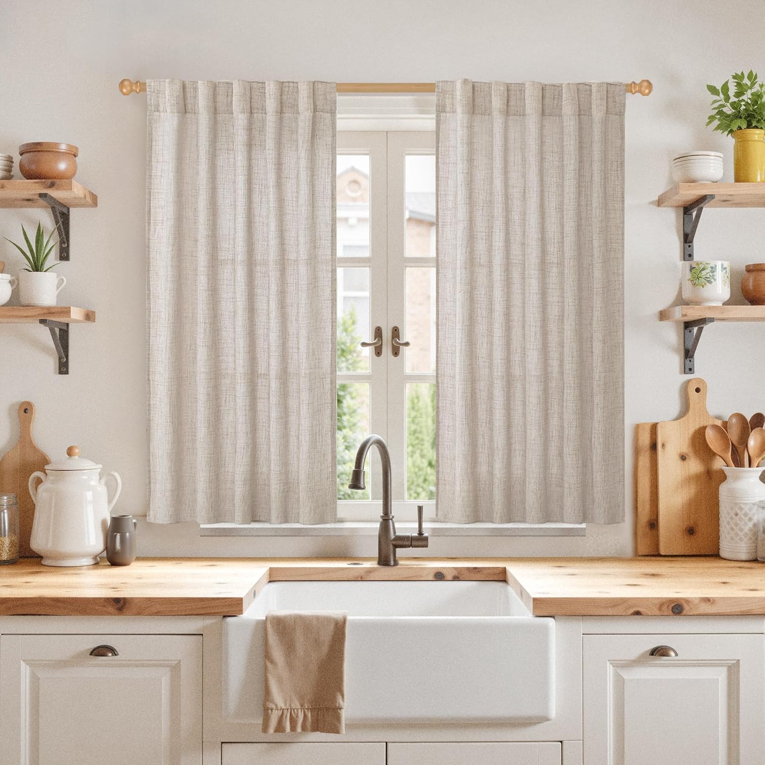 YoungsTex Linen Curtains 48 Inch Length for Kitchen Window, Short Natural Semi Sheer Drapes with Rod Pocket Back Tab for Living Room Bedroom Cafe Bathroom Light Filtering, 2 Panels, 42 X 48 Inch