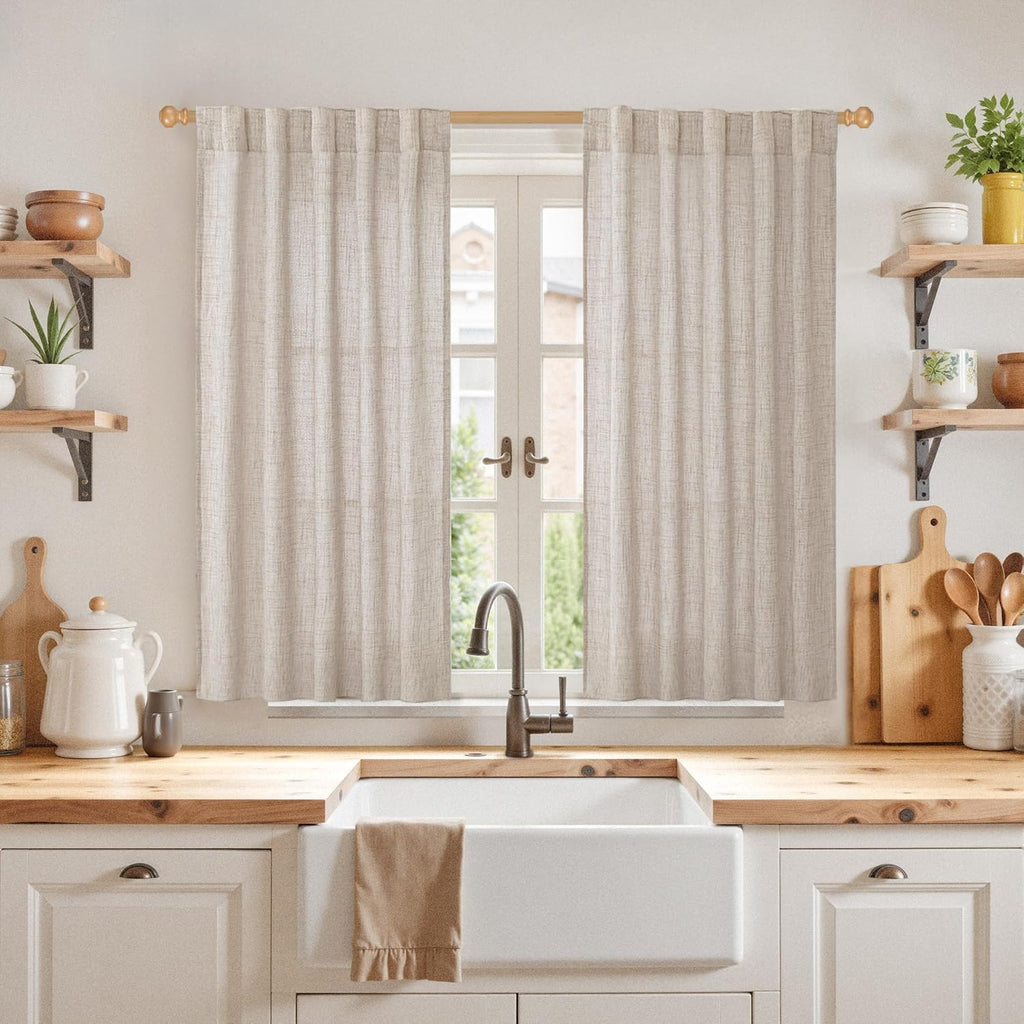 YoungsTex Short Linen Curtains 45 Inch Length for Cafe Window, Natural Light Filtering Drapes with Rod Pocket Back Tab Semi Sheer for Kitchen Window, 2 Panels, 42 X 45 Inch
