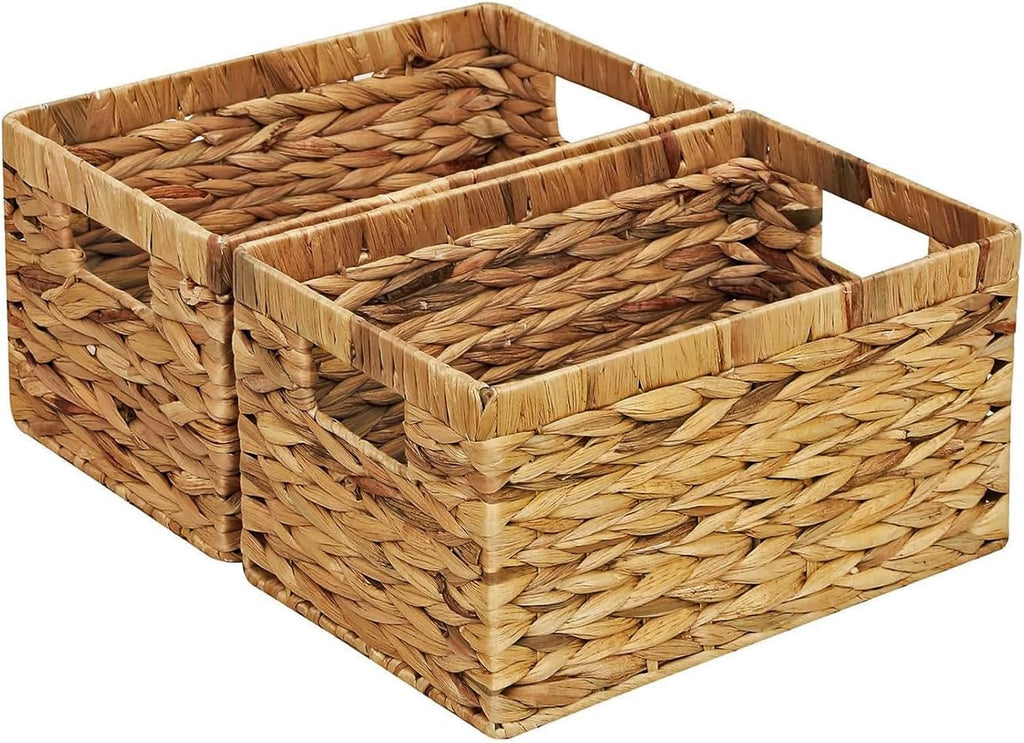 Rectangular Storage Basket 2PCS Water Hyacinth Baskets,Hand-Woven Baskets with Handles,12.99x7.08x8.26″for Living Bedroom Organizing Shelves