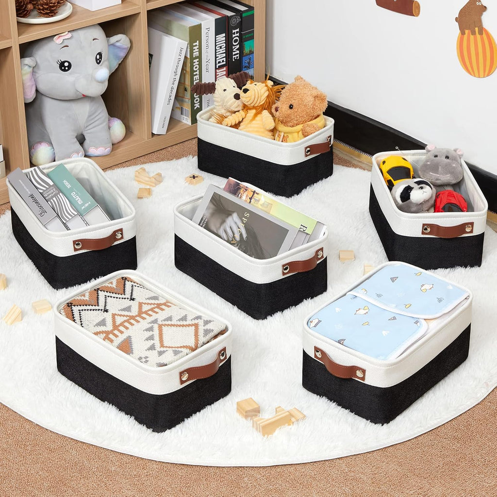 HNZIGE Small Storage Baskets (6 Pack) - Fabric Bins with Leather Handles, Foldable for Organizing (Black&White, 11.8" x 7.8" x 5.1")