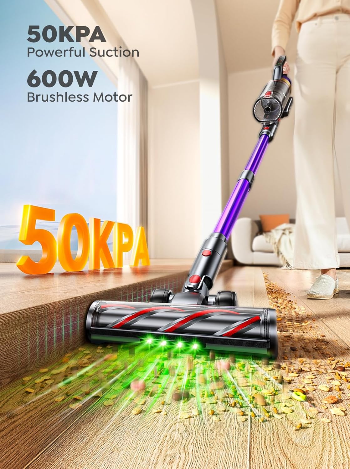 Cordless Vacuum Cleaner, 600W 50KPA 65 Mins Vacuum Cleaners for Home, Cordless Stick Vacuum with Powerful Suction, Wall Mount Charging Dock, Rechargeable Vacuum for Pet Hair/Carpet/Hardwood Floors
