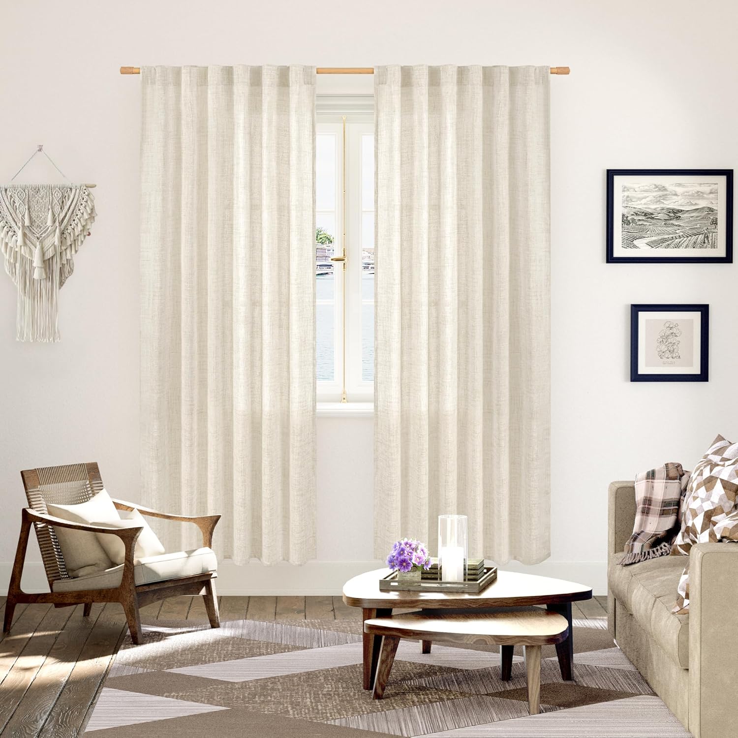 YoungsTex Linen Semi Sheer Curtains 78 Inch Length for Living Room, Boho Cream Light Filtering Window Drapes Textured with Rod Pocket Back Tab for Dining Bedroom, 2 Panels, 52 X 78 Inch