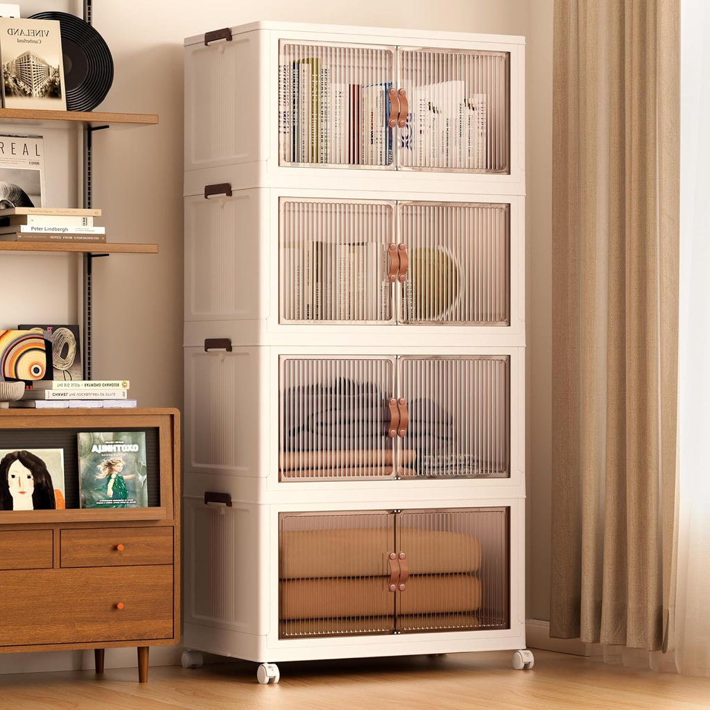 Jalove 120Gal Large Storage Bins with lids, 480QT Plastic Stackable Storage Containers with Wheels, Collapsible Closet Organizer and Storage Drawers,Clothes Organization for Cabinet Home, 4Pack White