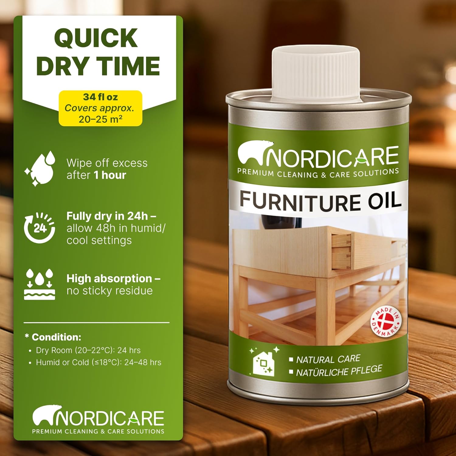 Nordicare Wood Oil Colorless - Premium Walnut Oil, Teak Oil, Wood Oil Furniture for Oak, Beech, Teak, Walnut, Pine, Larch - Natural Furniture Wood Oil - Made in Denmark - for Indoor Use (34 oz)