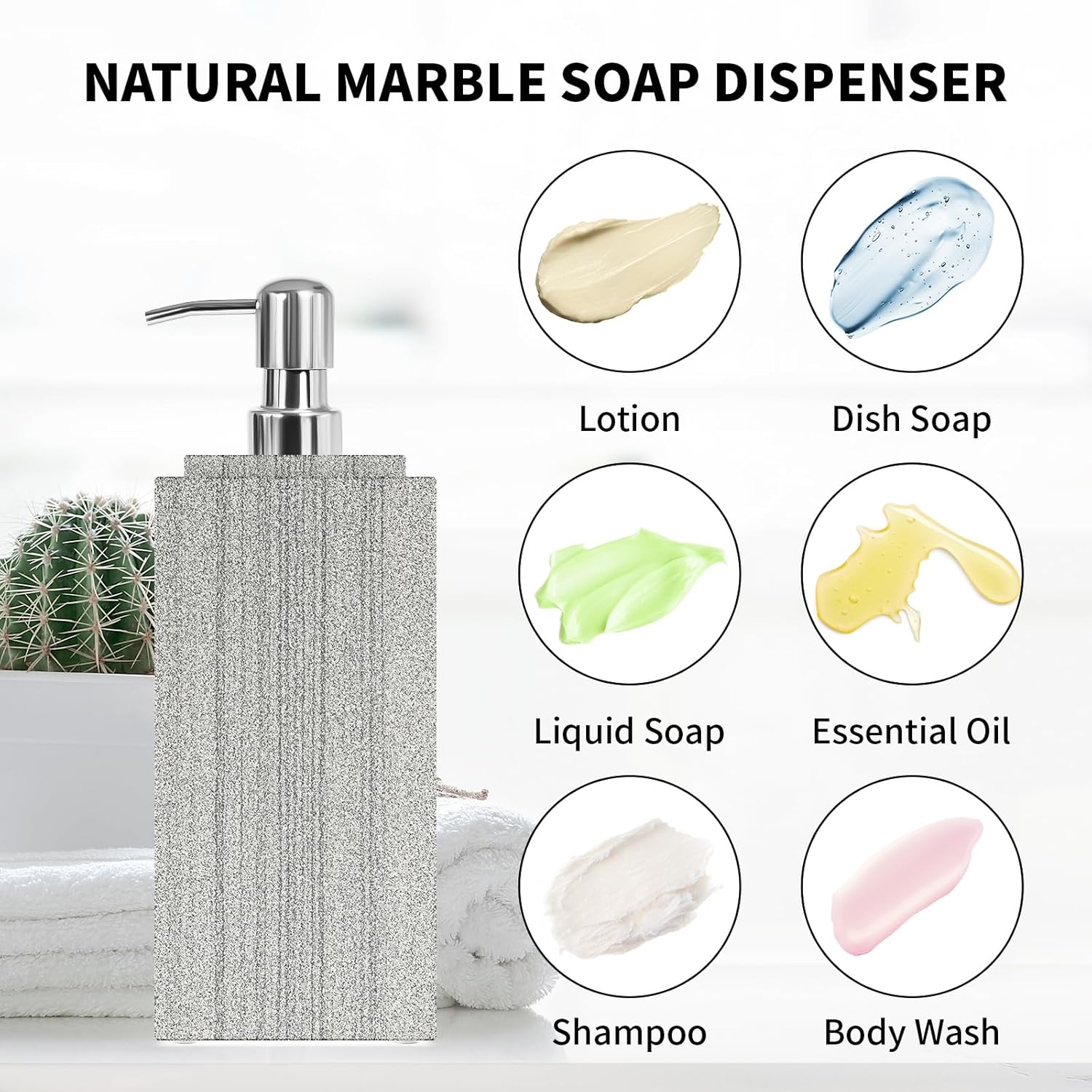 Marble Soap Dispenser for Bathroom, Amaauto Natural Marble Hand Liquid&Lotion Soap Dispenser Pump Bottle for Kitchen Bathroom Countertop Holds Dish Soap Shampoo Laundry Liquid Shower Gel