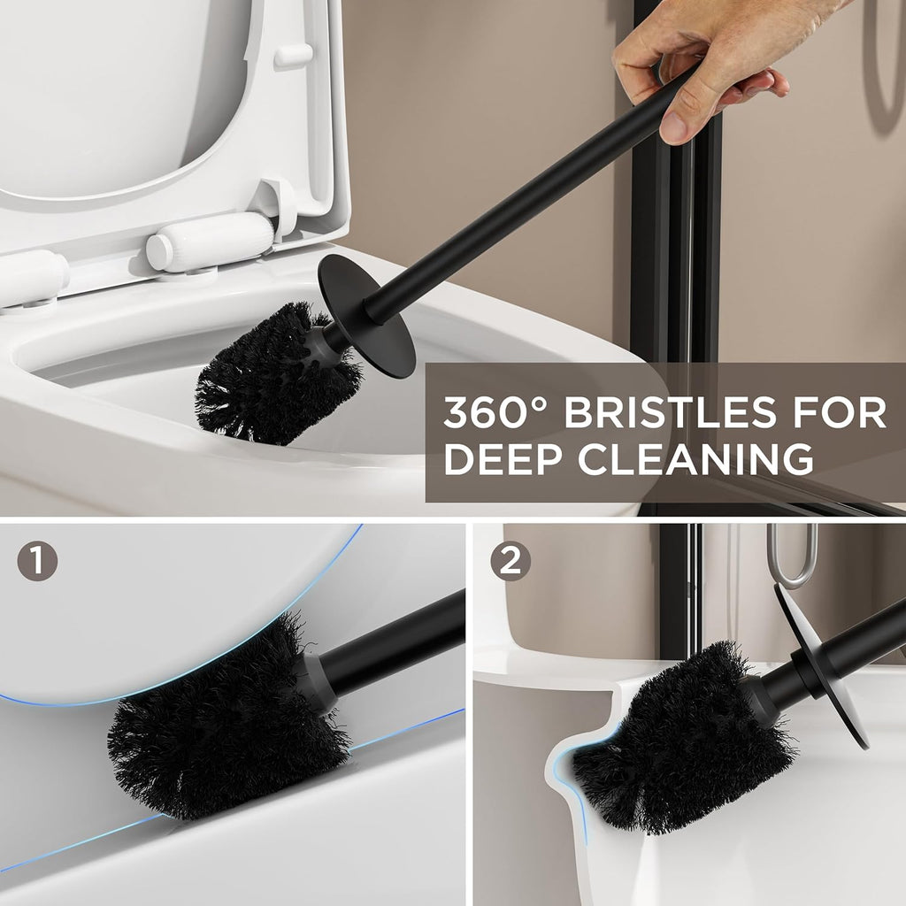FORIOUS Toilet Brush and Holder Set, 304 Stainless Steel Heavy Duty Base and Handle for Bathroom Deep Cleaning, Toilet Bowl Cleaners Brush with Holder, Space Saving for Storage, Matte Black