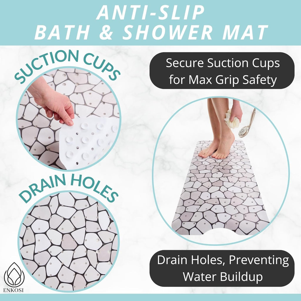 ENKOSI Bath Mat – Large 40 x 16 Inch Non-Slip Bathtub Mat with Secure Suction Cups & Drain Holes – Extra Long Bathroom Shower Mat for Tub with Grey Pebble Design (Grey Pebble 40x16)