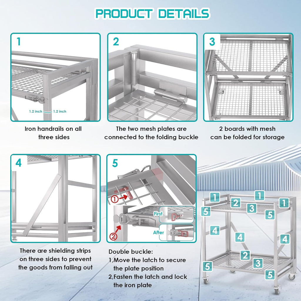 2 Shelf Rolling Cart with Wheels, 660lbs Capacity Collapsible Steel Rolling Utility Cart, Heavy-Duty Foldable Hand Truck, Metal Storage Carts with Handle for Groceries, Warehouse (36" Lx26 W)