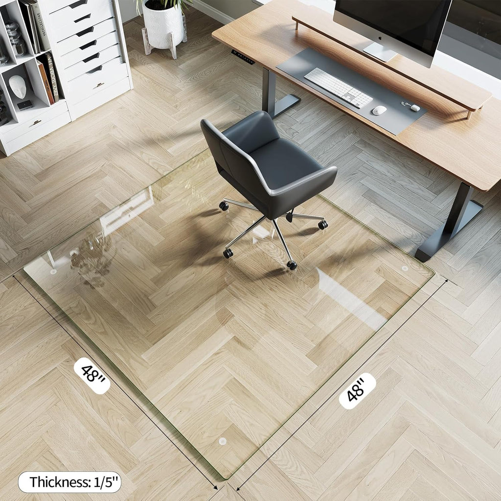 [Tempered Glass] 48" x 48" Glass Chair Mat, 1/5" Thick Office Chair Mat for Carpet or Hardwood Floor, Heavy Duty Hard Chair Mats with Round Corner and Polished Edge, Carpeted Floor Protector