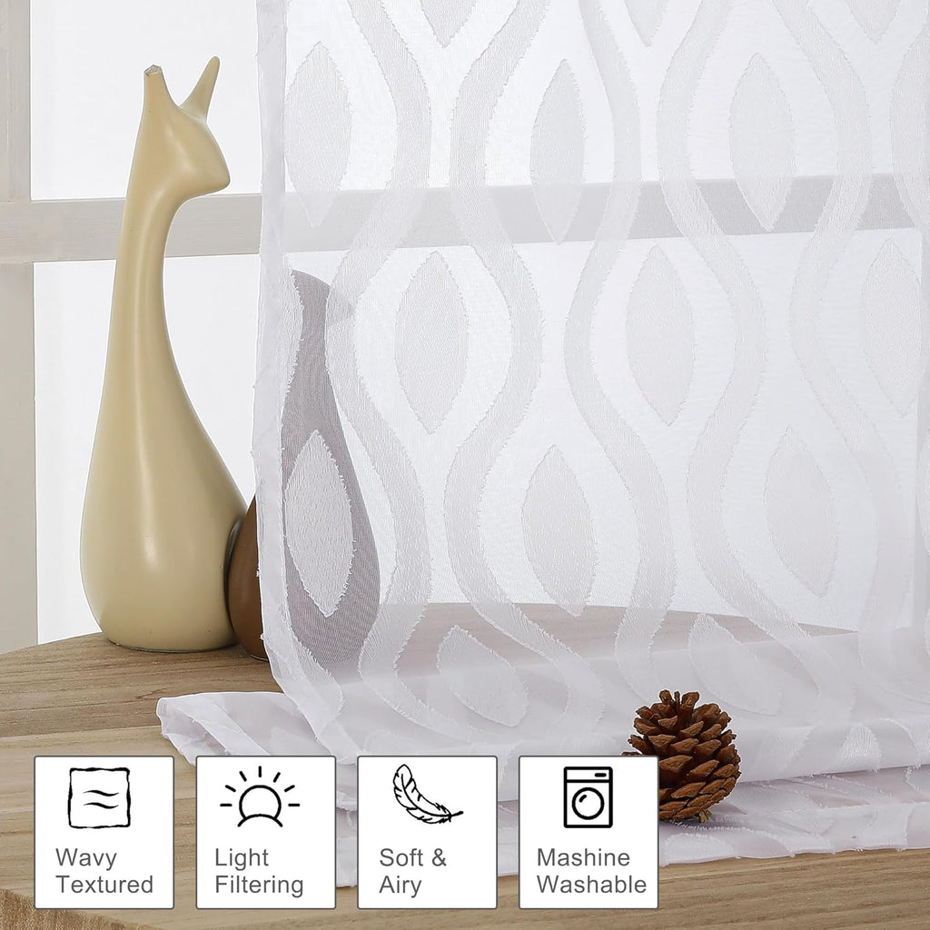Aiyufeng White Sheer Curtains 45 Inch Length 2 Panels Set, Farmhouse Clip Jacquard Textured Short Curtains, Lightweight Chic Wavy Line Window Curtains Drapes for Bedroom, 40" Wx45 L Inches