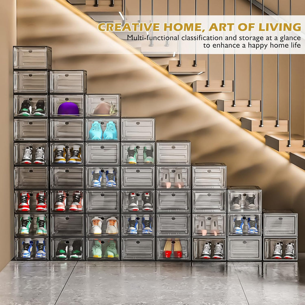 12 Pack Clear Shoe Storage Organizer with Magnetic Door, Stackable Plastic Shoe Boxes for Sneakers, Boots, and Heels, Space-Saving Foldable Shoe Rack for Closet, Durable Shoe Cabinet Organizer, Black