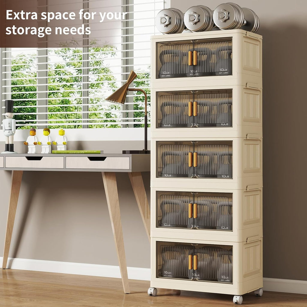 5 Tier Stackable Plastic Storage Bins with Lids 48QT, Collapsible Closet Organizers and Storage with Wheels for Living Room,Office,Dorm