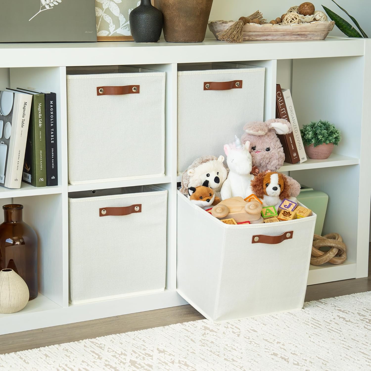 OrganiHaus White 12x12 Fabric Storage Bins - Set of 4, Cube Fabric Organizer Bins with Vegan Handles, Kallax Storage Cubes, Cubbies Organizer Boxes, 12Inch Cubic Baskets for Shelves