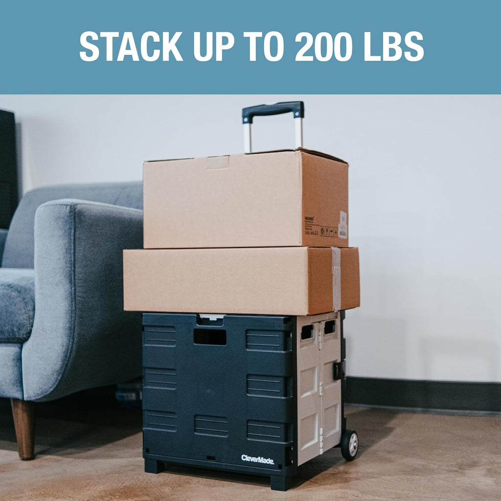 CleverMade Collapsible Wheeled Crate with Lid, 2-Wheels – Stable Rolling Crate with Handle and Large Wheels for Fragile Items, Heavy Loads and Easy Storage - 35L and 75lb Capacity, Black/Cream