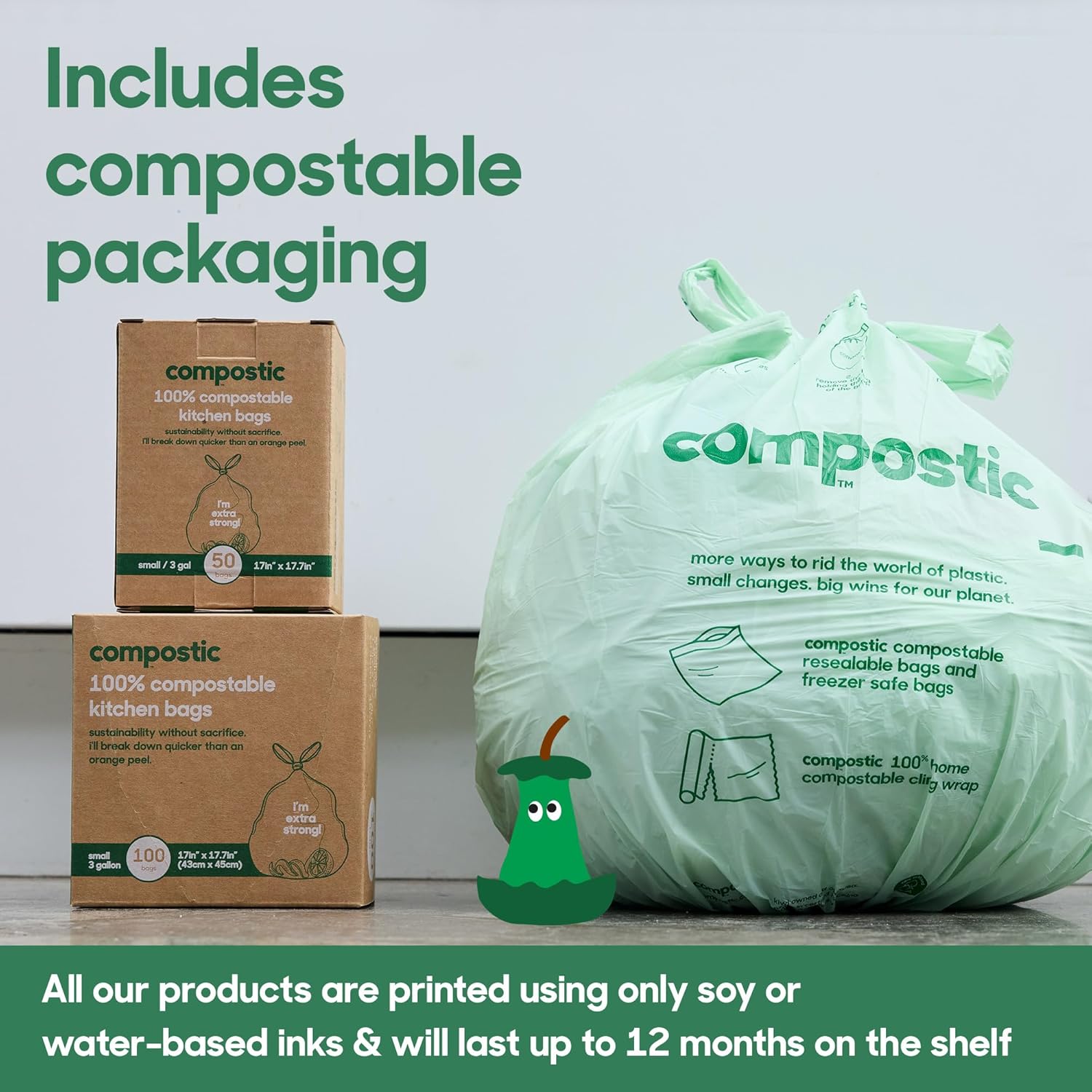 Compostic Home Compostable Trash Bags, 3 Gallon Small Kitchen Rubbish Bags (17” x 17.7”), Extra Strong & Quickly Breaks Down, 100 Count