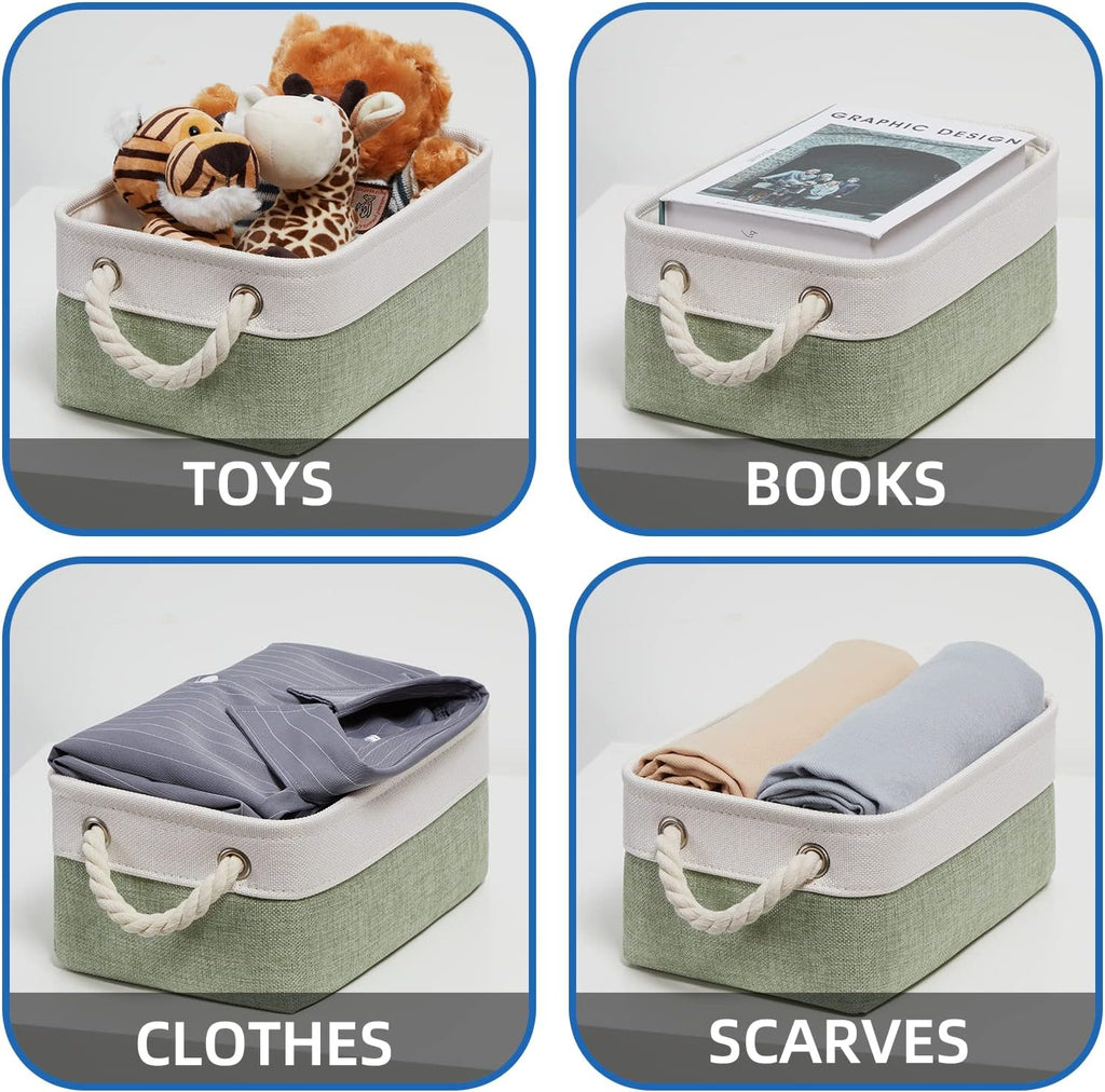 Temary Small Storage Baskets Small Fabric Bins for Closet, 6 Pack Decorative Storage Boxes with Rope Handles for Organizing Clothes, Canvas Storage Basket(White&Green,11.8L x 7.9W x 5.3H inches)