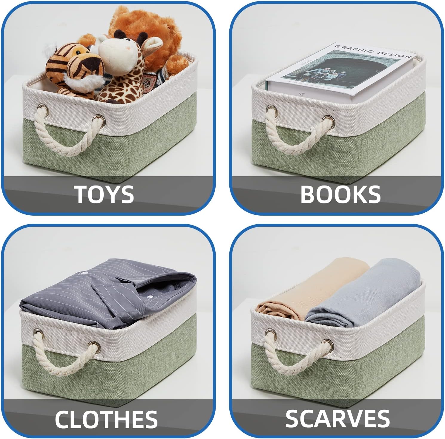 Temary Small Storage Baskets Small Fabric Bins for Closet, 6 Pack Decorative Storage Boxes with Rope Handles for Organizing Clothes, Canvas Storage Basket(White&Green,11.8L x 7.9W x 5.3H inches)
