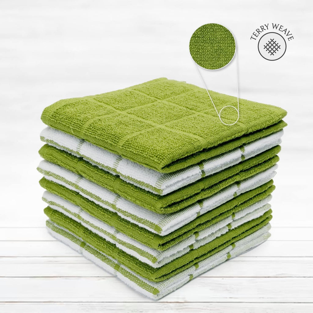 100% Cotton Terry Dish Cloth & Dish Towel, 6 Pack, Super Soft and Absorbent Kitchen Towels, Perfect for Kitchen Cleaning and Dish Washing (Green (Solid and Checks) 8 Pack)