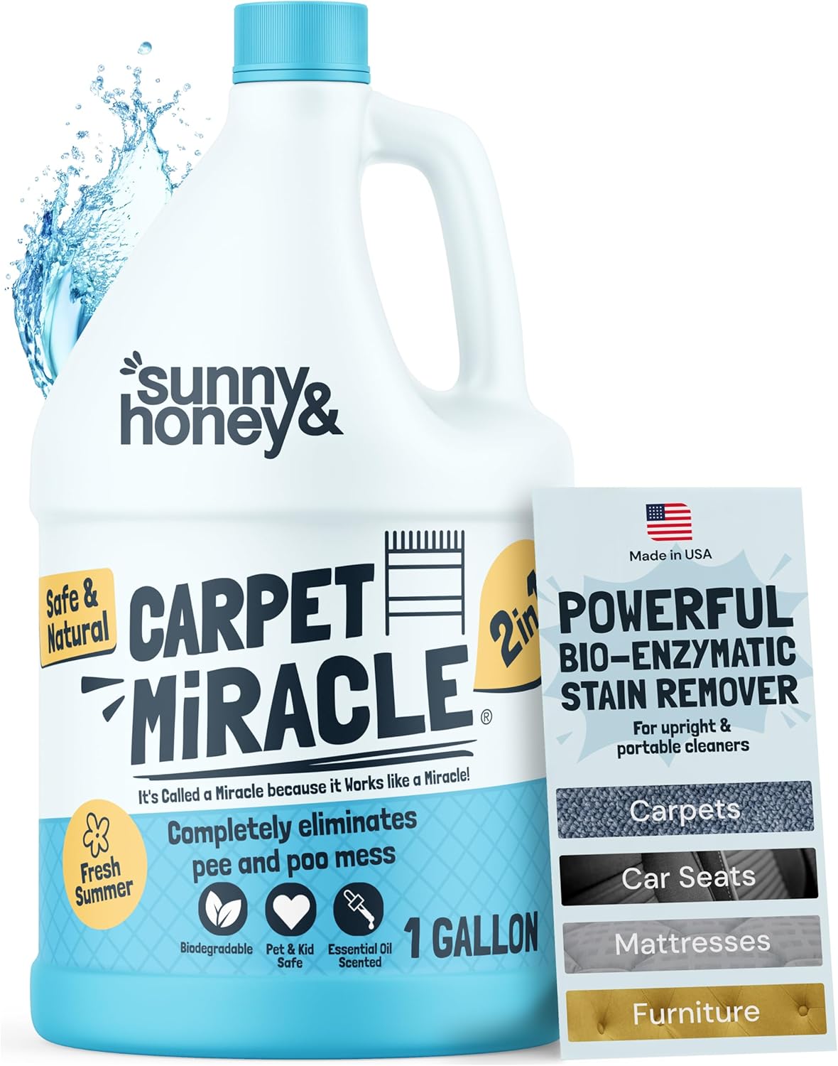Sunny & Honey Carpet Cleaner Solution - 128 Fl Oz, Fresh Summer Scent - Deep Stain Remover & Deodorizer - Pet & Rug Cleaner - Upholstery Cleaning for Machine Use
