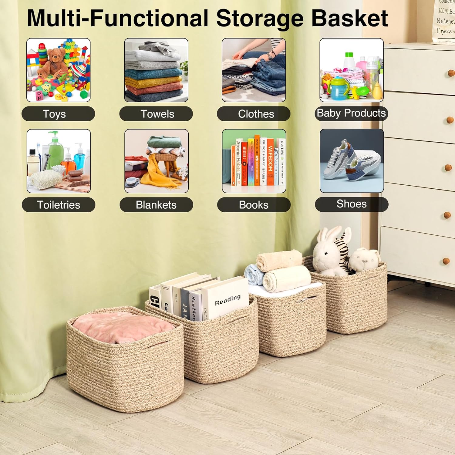 Small Storage Baskets for Shelves Organizing, Woven Cotton Rope Baskets for Storage, Book Basket, Decorative Shelf Basket, 12.5"Lx9.1''Wx7.9''H (4 Packs) Brown