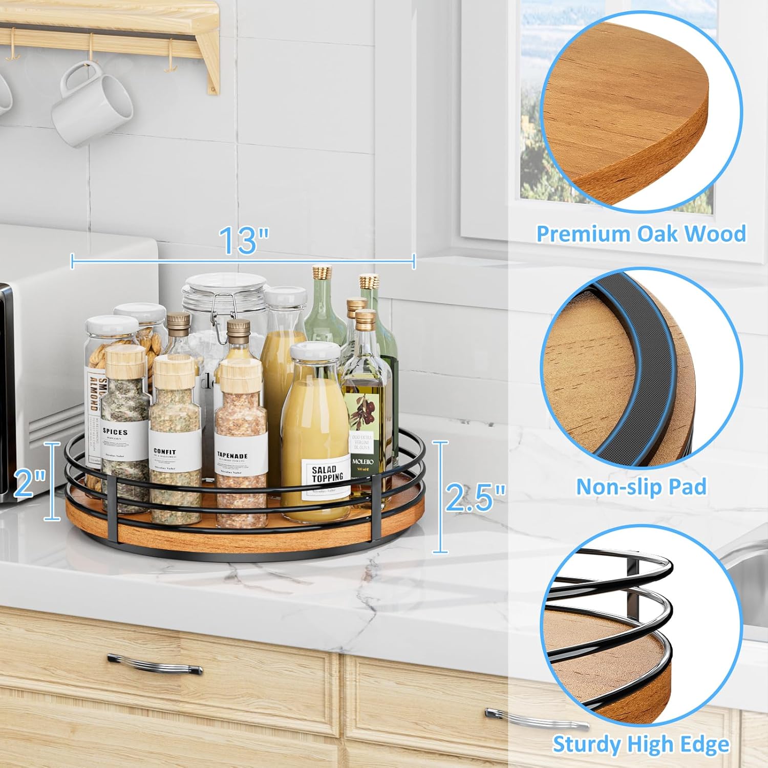 13" Lazy Susan Turntable Organizer - Wood Round Lazy Susan for Cabinet Kitchen Countertop Pantry Cupboard Dining Table Bathroom Coffee Bar Spice Storage Home Decor