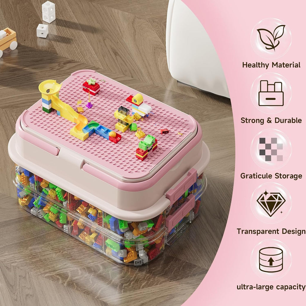 Toy Storage Organizer Box with Handle, Stackable Building Block Toy Box with Building Plate Lid & Removable Sorting Trays, Cubby Bins and Containers 3 Layer (Pink)